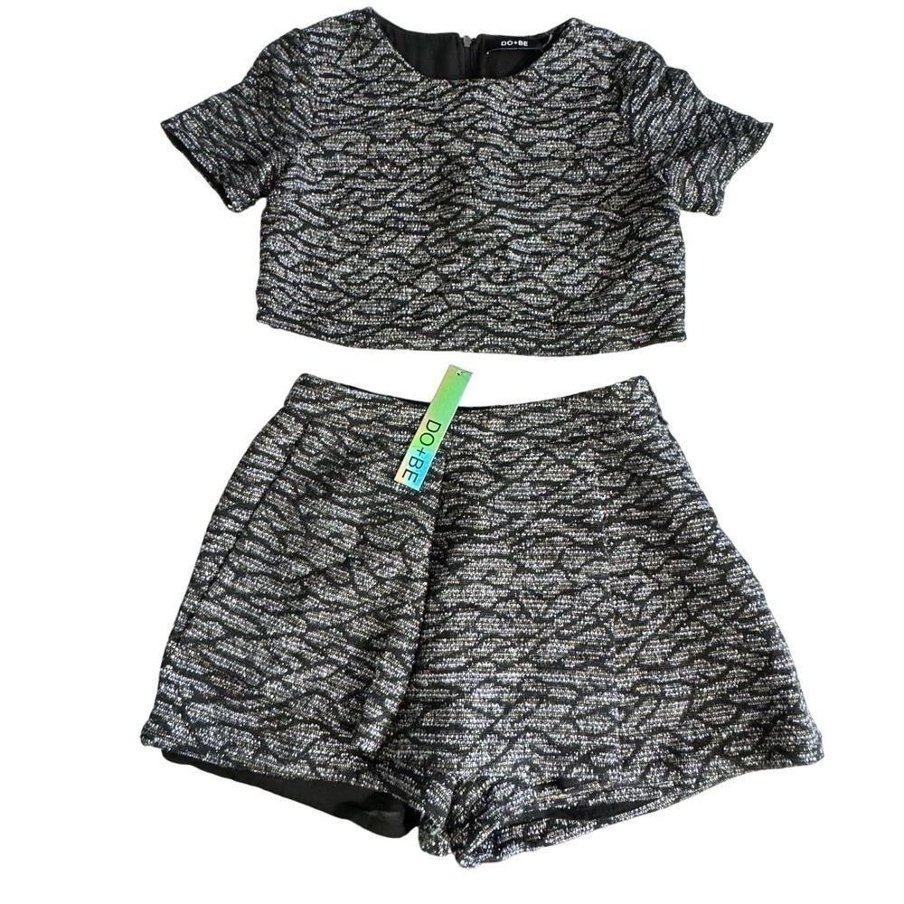 DO +‎ BE 2 Piece High Waist Shorts Skort Cropped Top Set Tweed Black Sz M